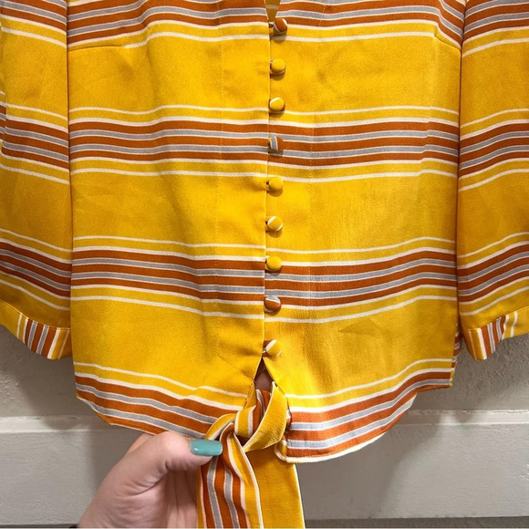 Express Yellow Striped Button Front Tie Blouse XS - Picture 3 of 5